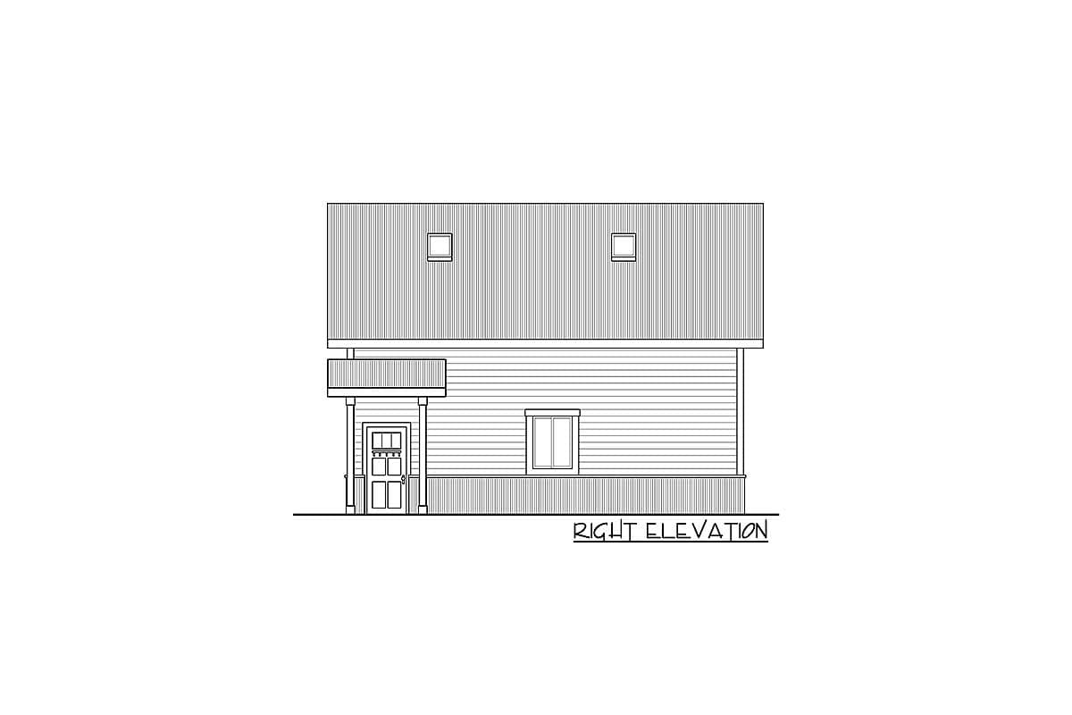 Right elevation drawing of a two-story house plan featuring a covered entry with double doors and two dormer windows.