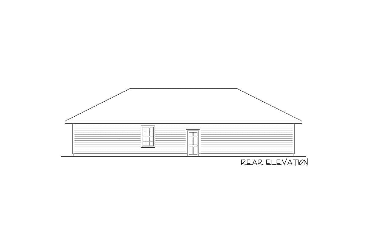 Rear elevation drawing of a one-story house with horizontal siding, one window, and one door.