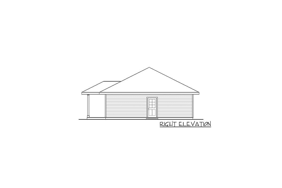 Right elevation drawing of a one-story house plan with a porch and hip roof.