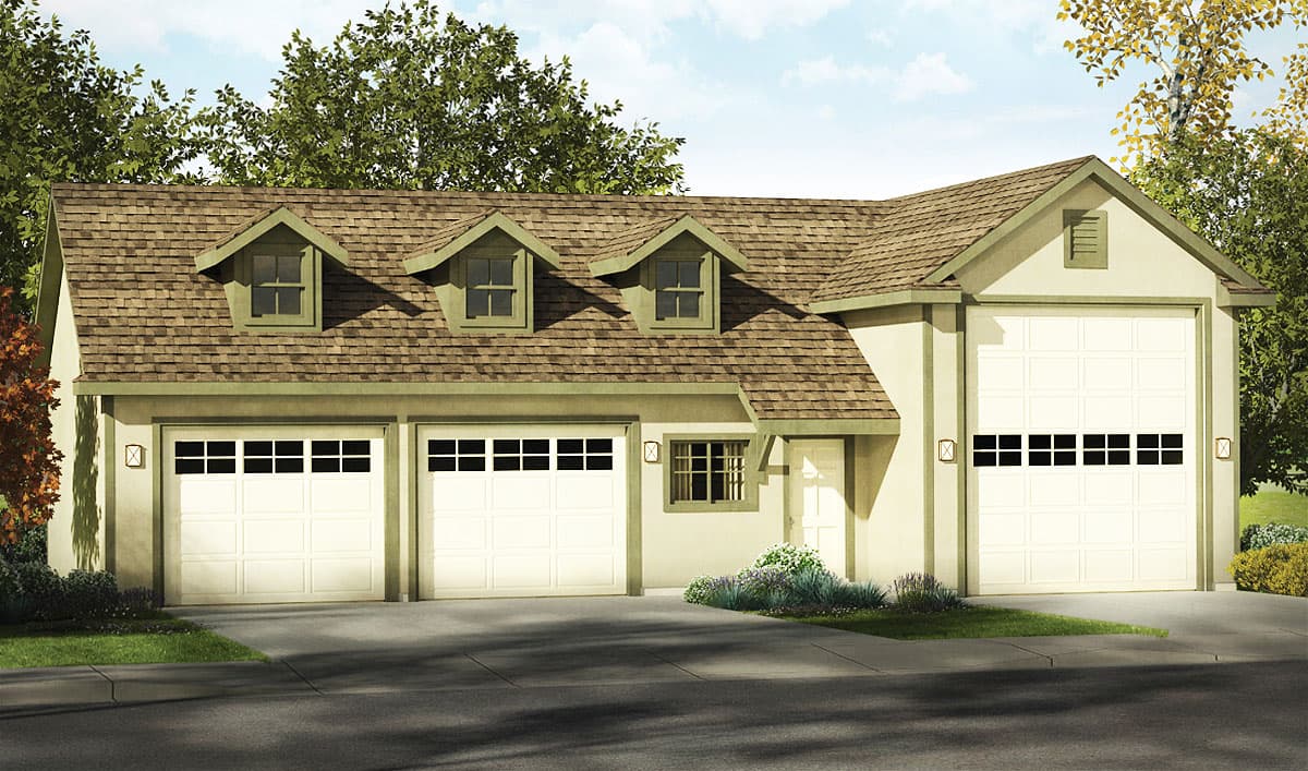 House plan exterior with a three-car garage and a single-car garage, featuring dormer windows and a gable vent.