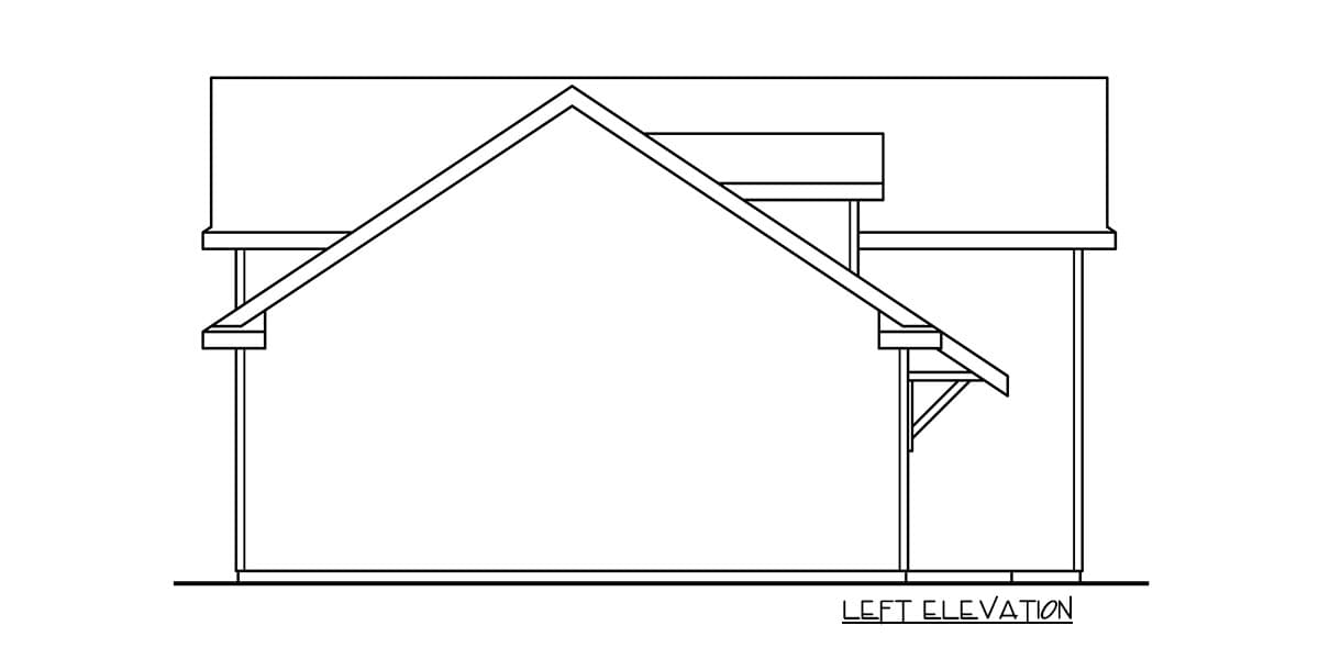 Left elevation drawing of a house plan, showing a gable roof and a covered porch.