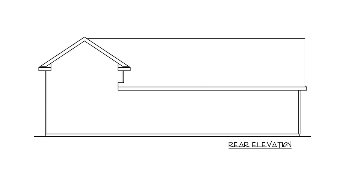 Rear elevation drawing showing a gabled roofline over a single-story section and a lower section.