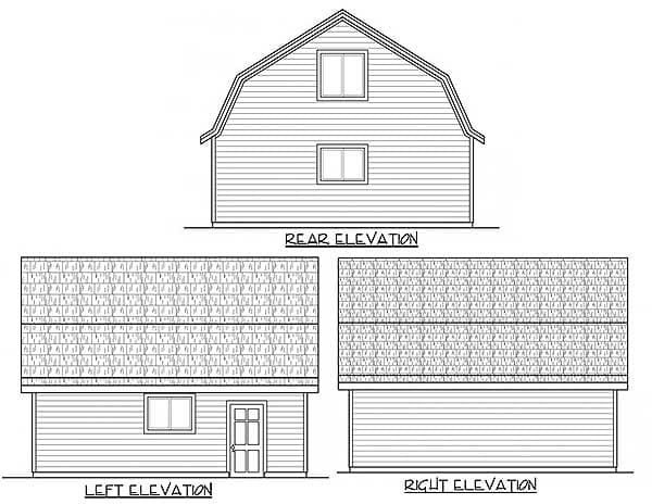 House plan elevations: rear, left with door and window, right with garage door, and gambrel roof.