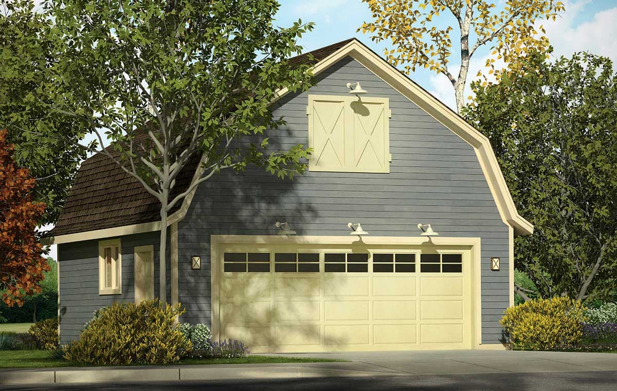 House plan exterior featuring a gambrel roof, two-car garage door with multi-pane windows, and a decorative barn-style window.