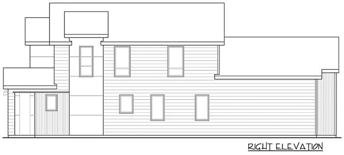 Right elevation drawing of a multi-story house plan, featuring horizontal siding, stacked windows, and varied rooflines.