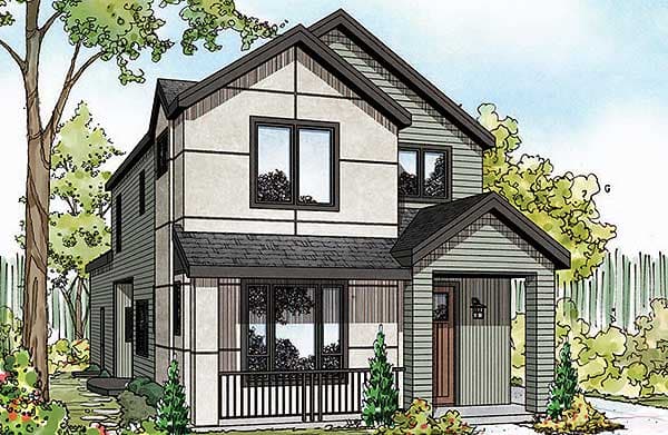 House plan exterior: Two-story modern home with a covered front porch, gable rooflines, and mixed siding.