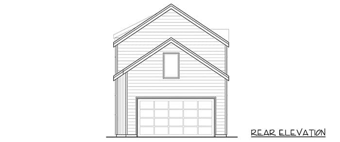 Rear elevation drawing of a two-story house with horizontal siding, a pitched roof, and a single garage door.