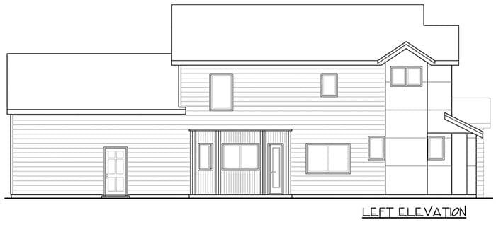 Left elevation house plan showing a two-story structure with horizontal siding, multiple windows, and two doors.