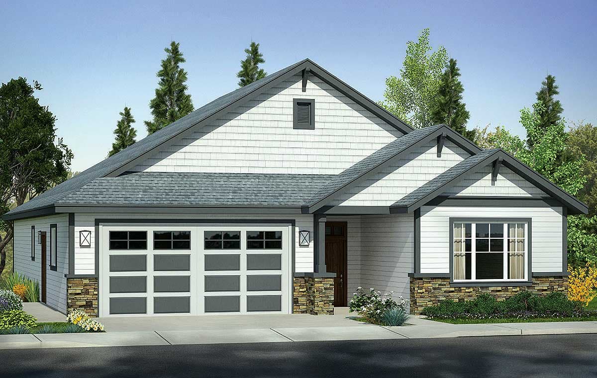 House plan exterior: Modern Farmhouse style, one story, with a three-car garage, gable dormer, and stone accents.