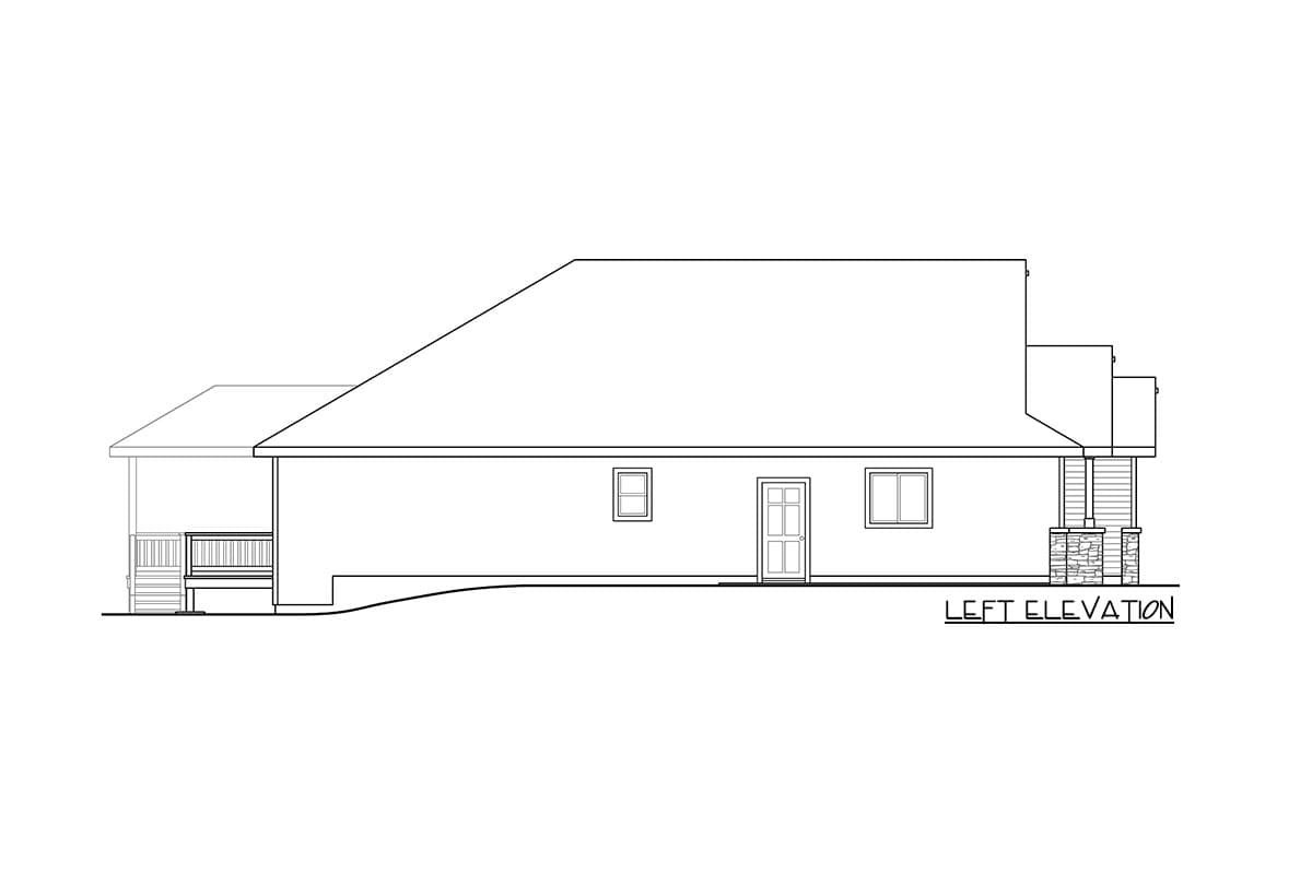 Left elevation drawing of a house plan with a sloped roof, porch, door, and windows.