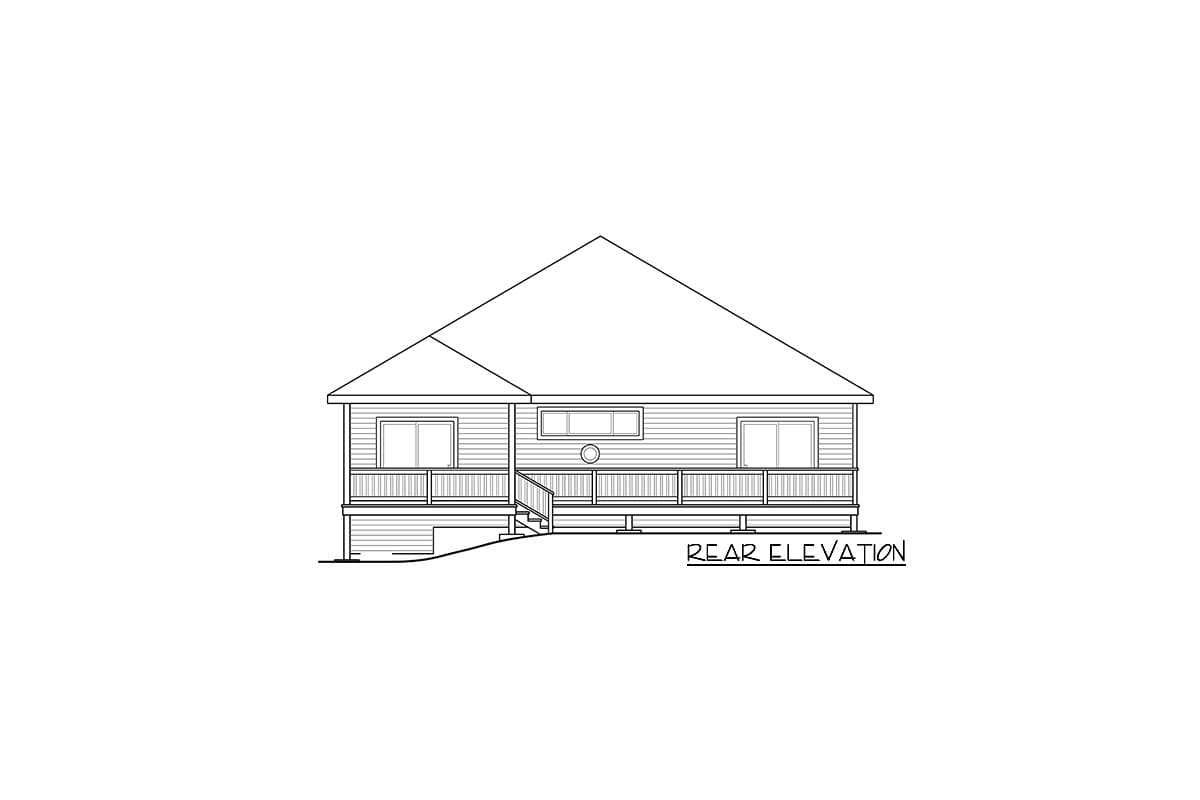 Rear elevation drawing of a house plan featuring a large deck, multiple windows, and a hip roof.