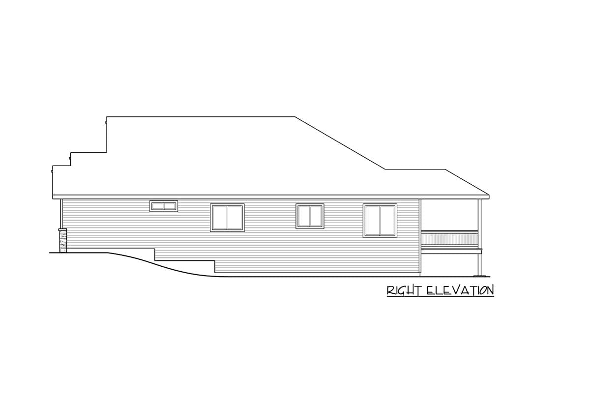 Right elevation drawing of a house plan, showing a covered porch, horizontal siding, and multiple windows.