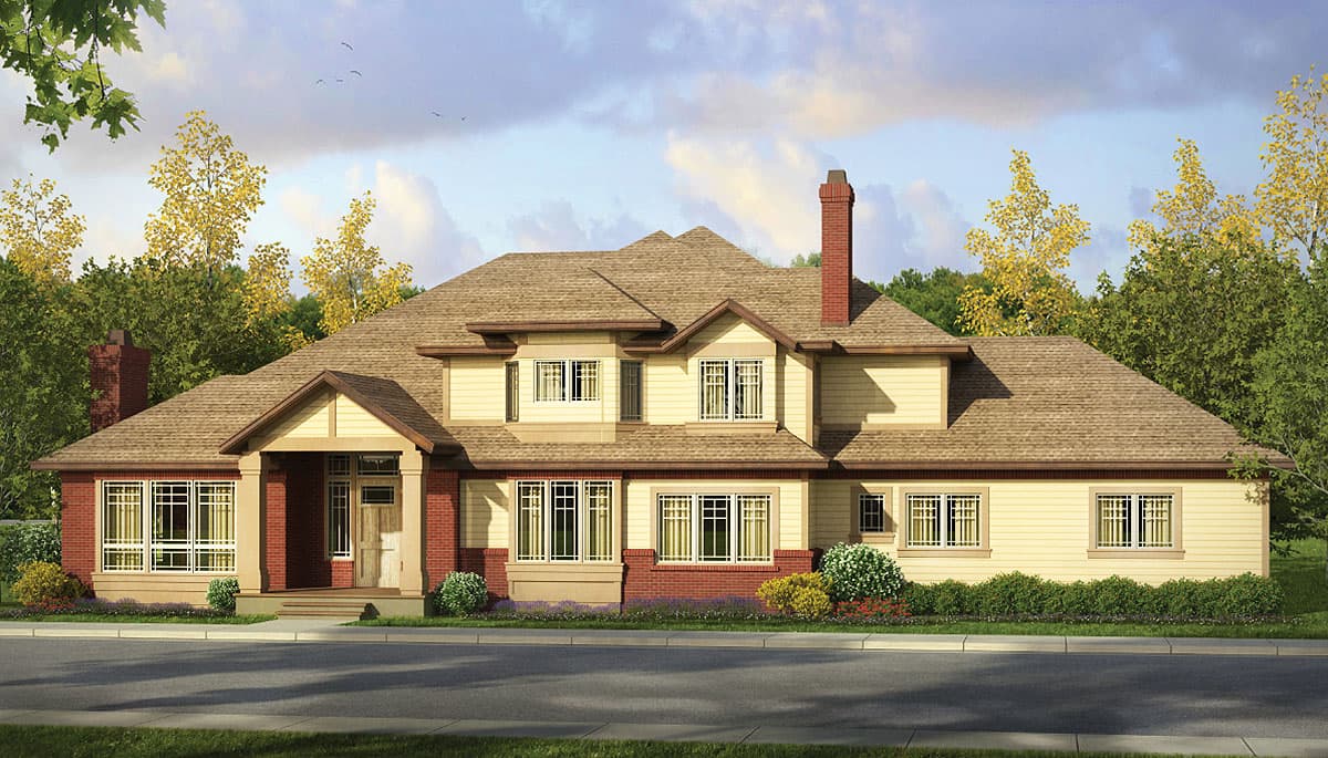 House plan exterior, two-story home with brick accents, wide gabled entrance, and prominent brick chimney.
