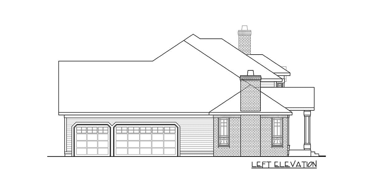 Left elevation house plan with a two-car garage, brick chimney, and varying rooflines.