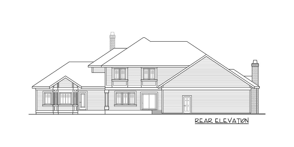 Rear elevation drawing of a two-story house plan with gabled dormers, varied rooflines, and multiple windows.