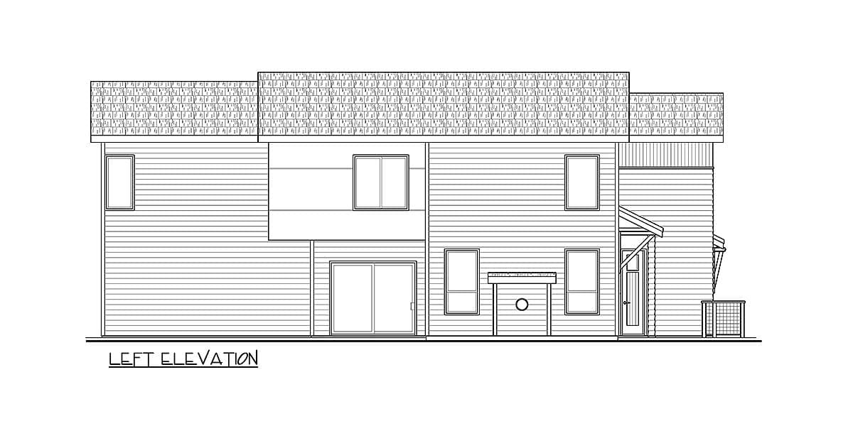 Left elevation drawing of a two-story house plan with varied rooflines, horizontal siding, and multiple windows.