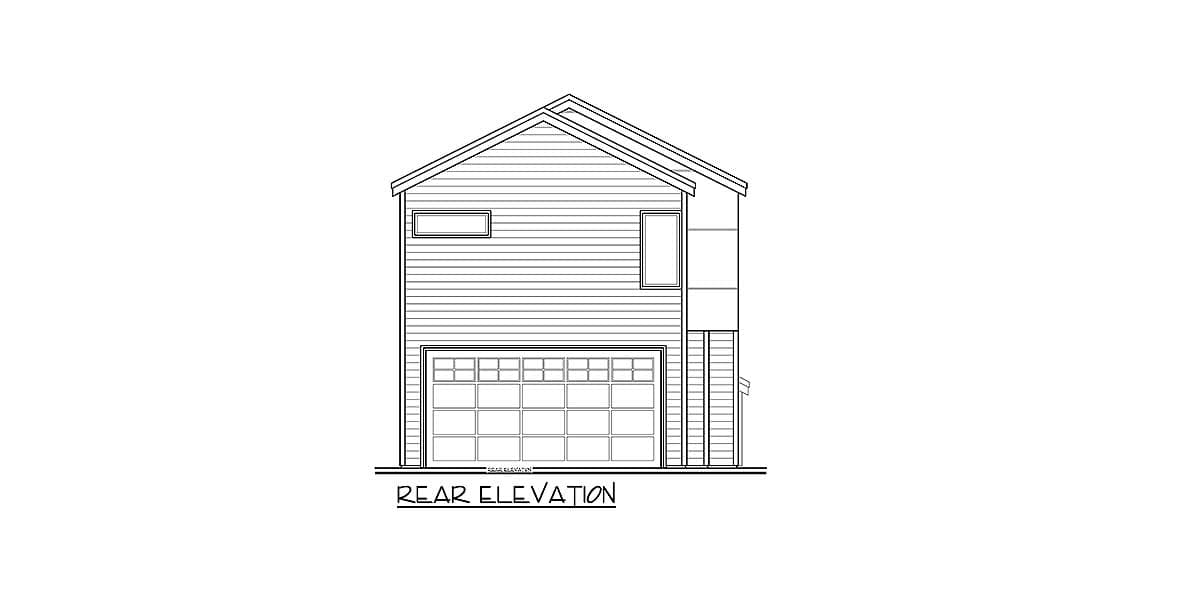 Rear elevation drawing of a two-story house with a gable roof, garage door, and two windows.