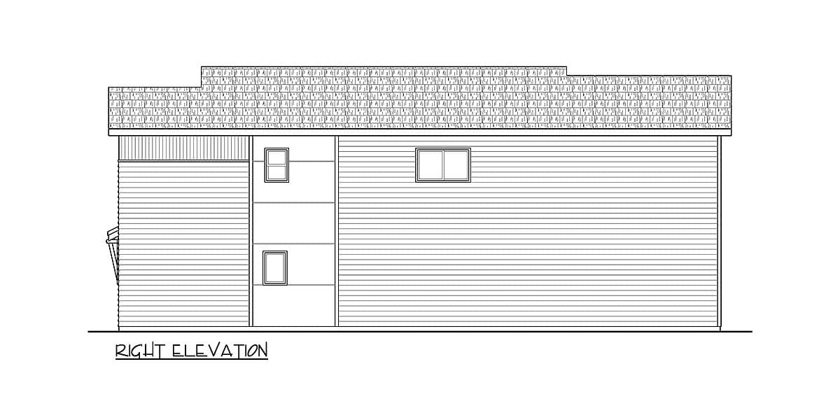 Right elevation house plan showing horizontal siding, a hip roof with dormers, and two windows.