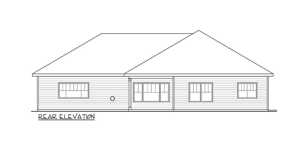 Rear elevation drawing of a one-story house plan showing a hip roof and multiple windows.