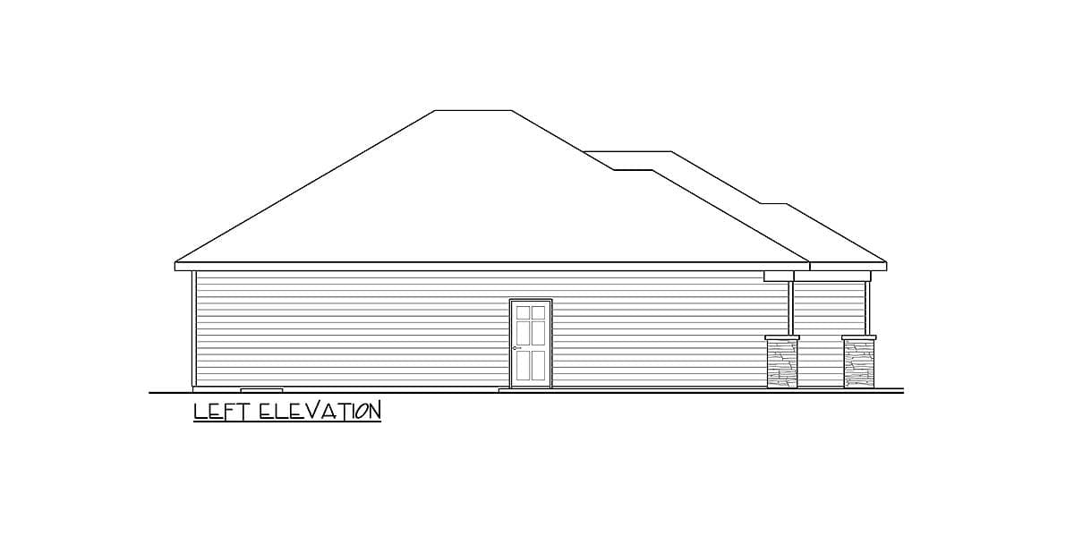 Left elevation drawing of a house plan with a gabled roof, siding, a central door, and a porch with stone-clad columns.