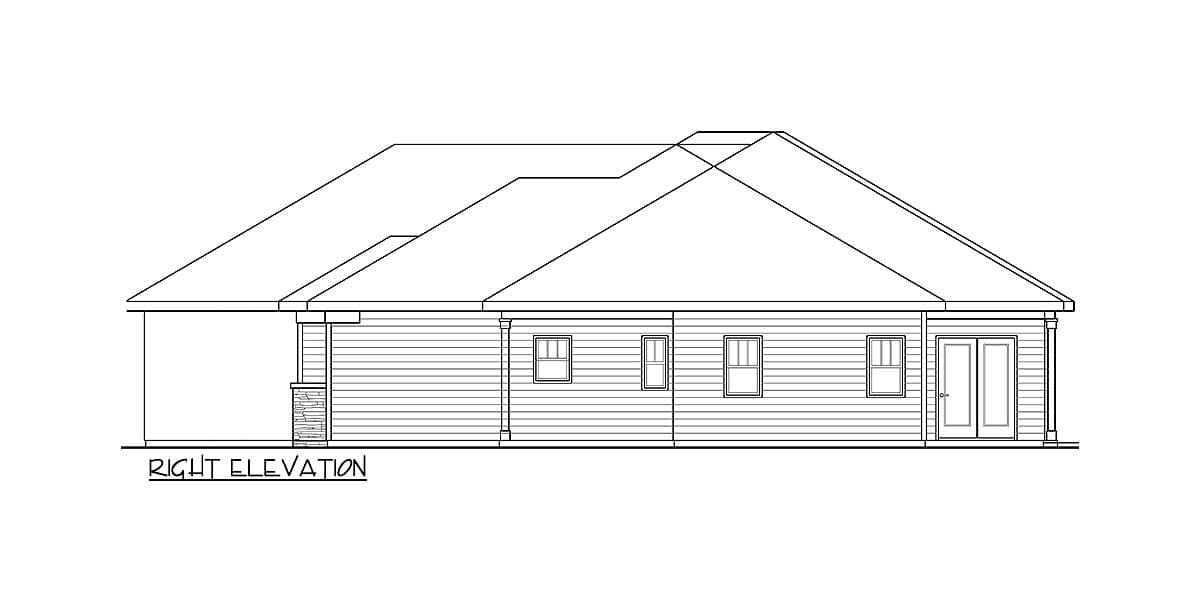 Right elevation house plan drawing showing a single-story house with siding, windows, a double door, and gabled roof.