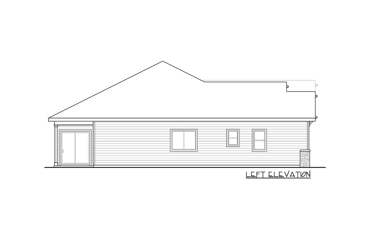 Left elevation house plan showing sliding glass doors, three windows, and stone-clad foundation.