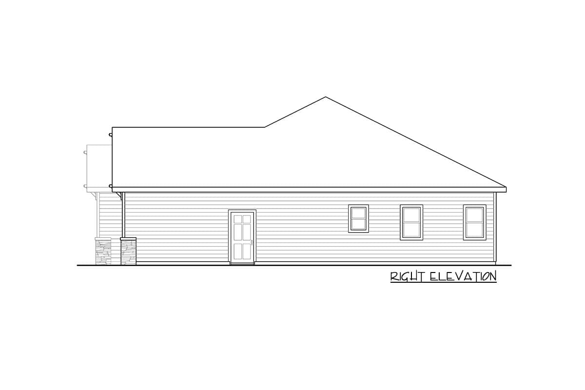 House plan right elevation. Single-story structure with a hip roof, horizontal siding, front door, and three windows.