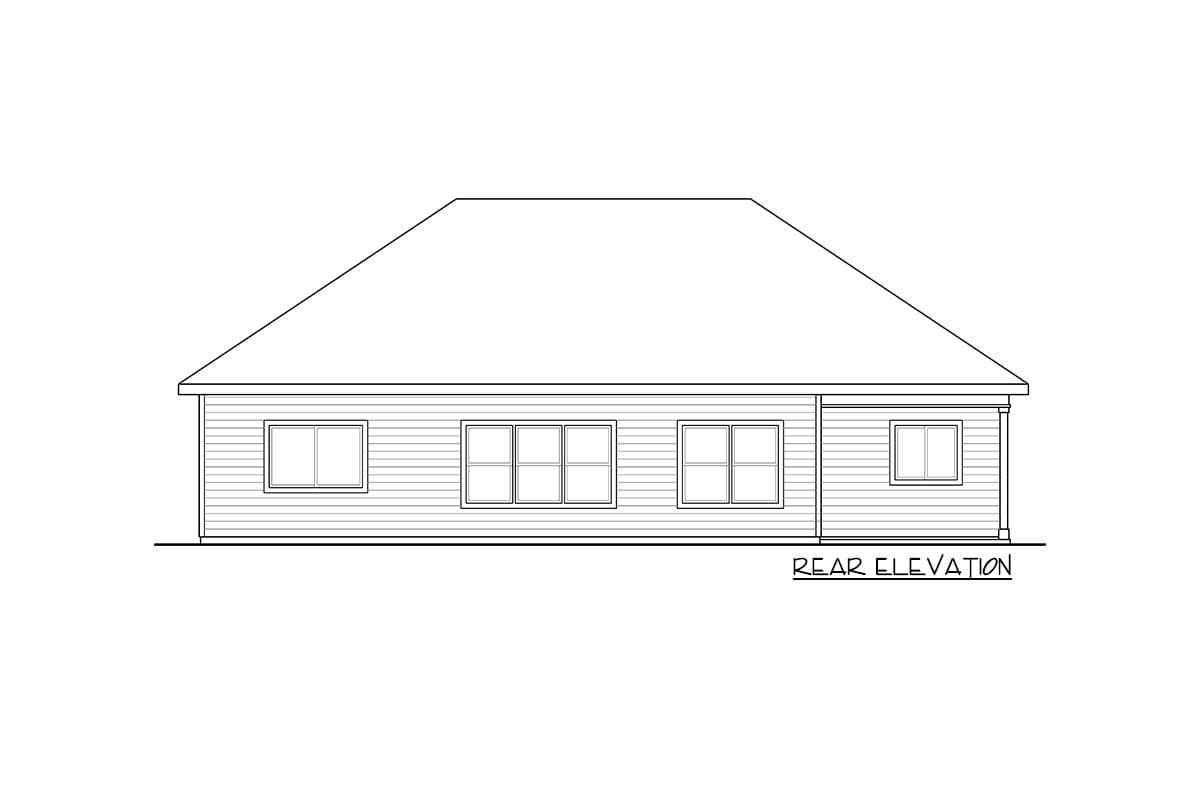 Rear elevation drawing of a house plan with a hip roof and multiple windows.