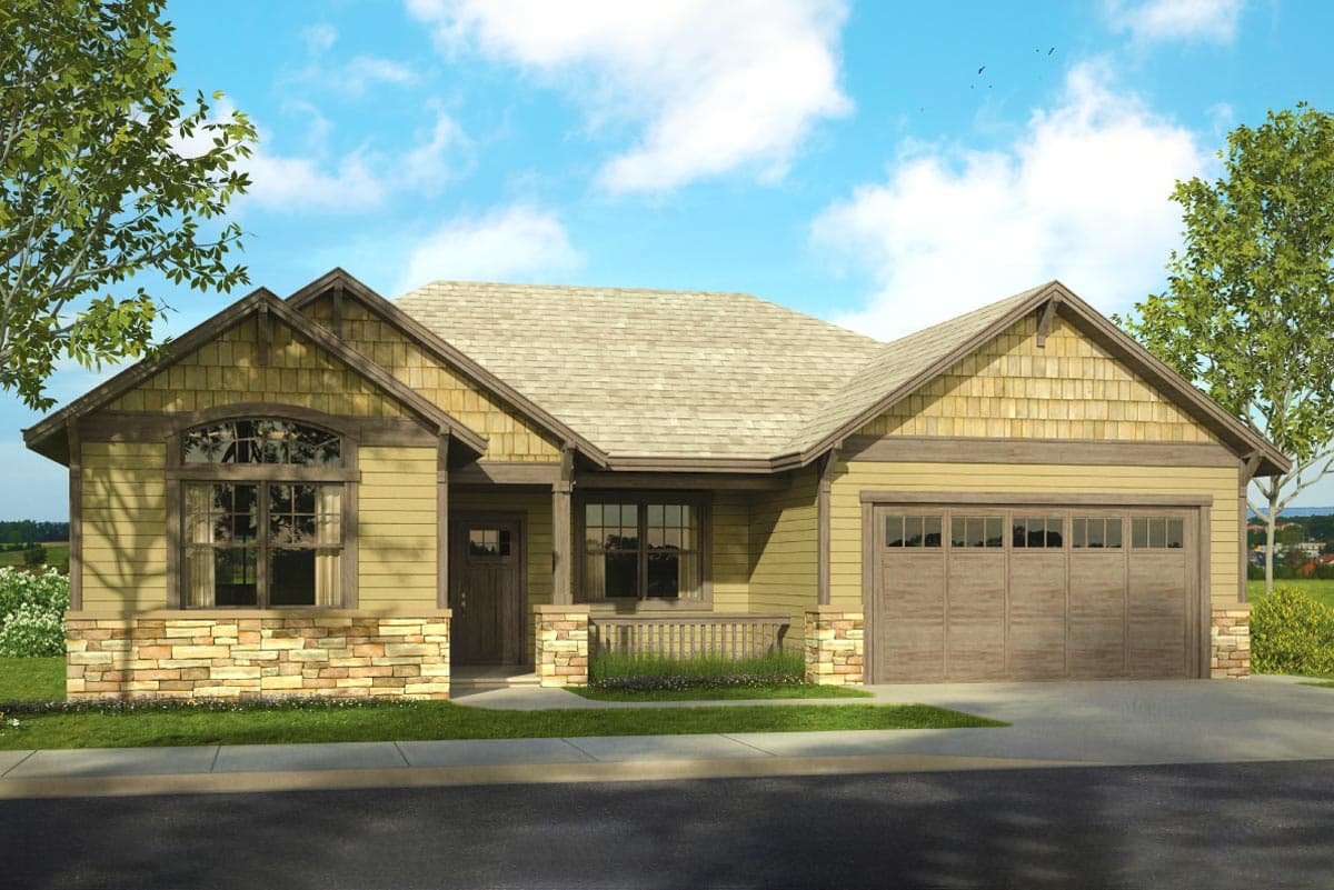 Craftsman style house plan exterior with stone accents, arched window, covered porch, and two-car garage.