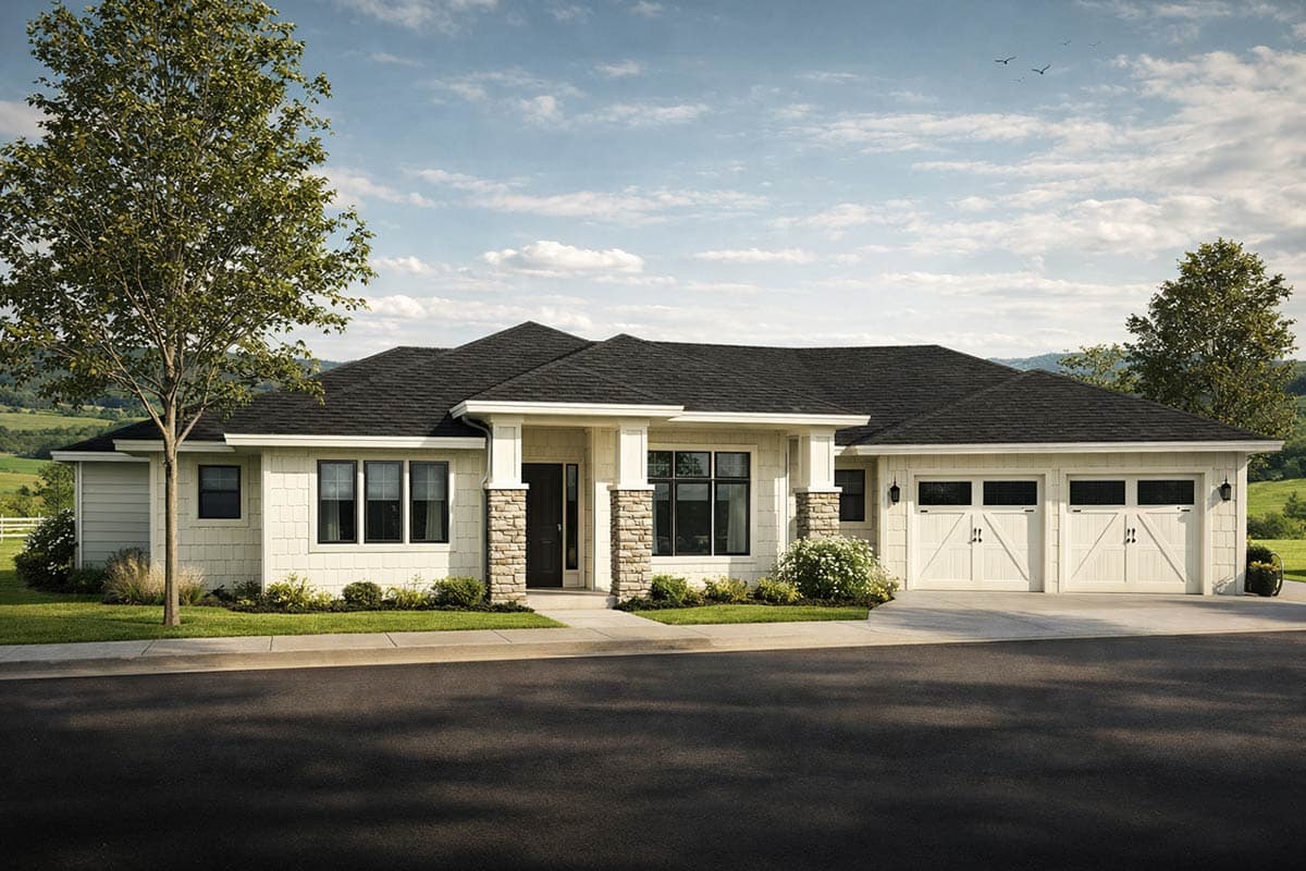 House plan exterior: Single-story Modern Farmhouse with a low-pitched hip roof, stone-clad columns, and a three-car garage.