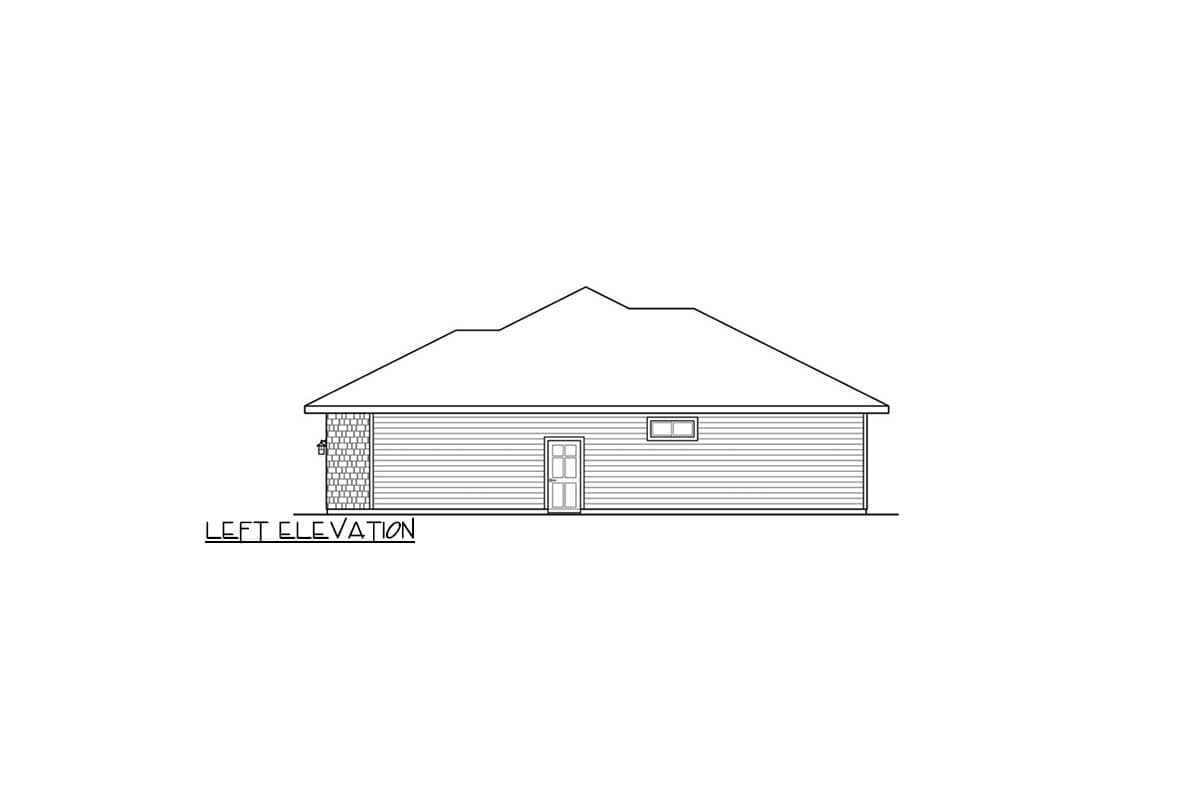 Left elevation house plan drawing showing a single-story structure with horizontal siding, a front door, one window, and a complex roofline.
