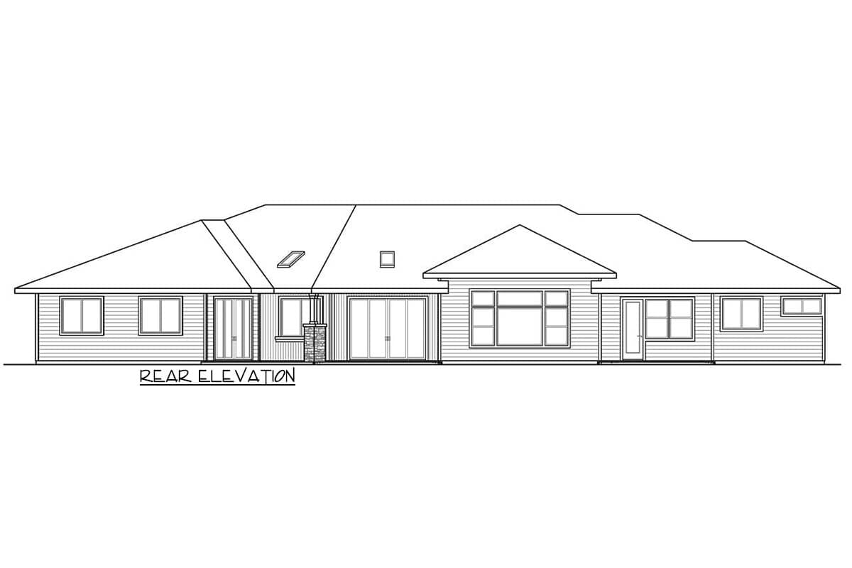 Rear elevation house plan for a single-story home with a long roofline, multiple windows, and double doors.