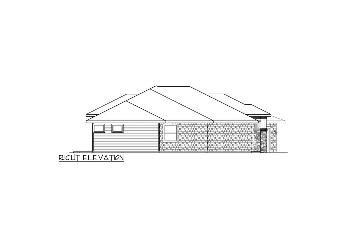 Right elevation house plan drawing showing horizontal siding, brick facade, gable roof, and columns.