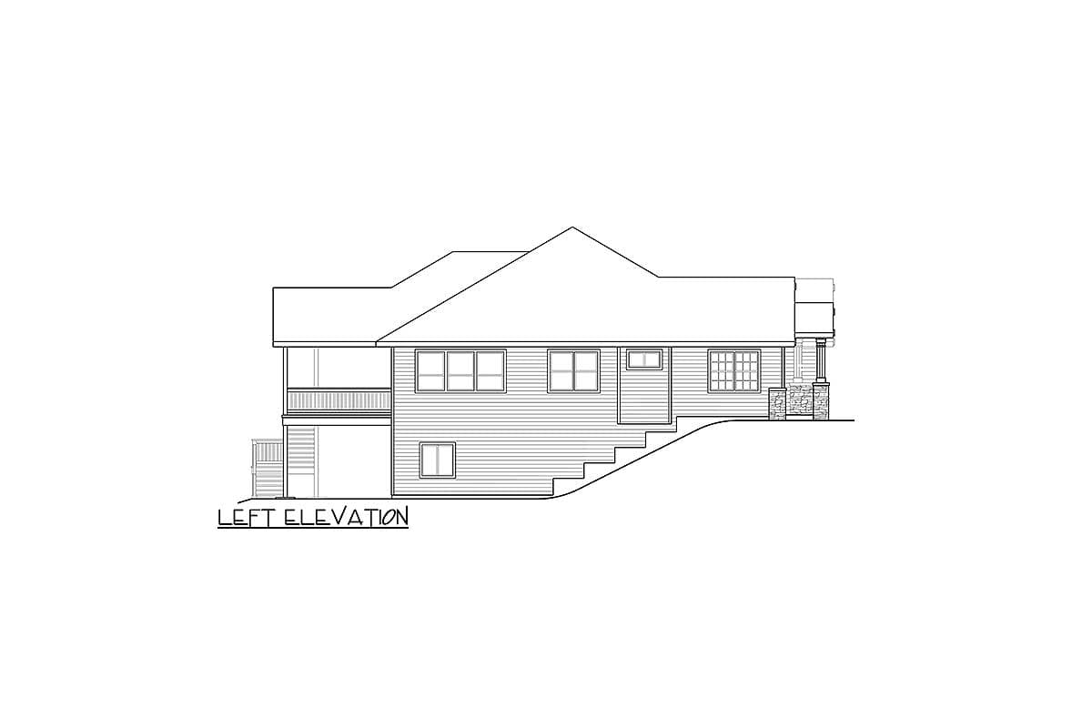 Left elevation of a house plan featuring a covered porch, multiple windows, and a sloped foundation.
