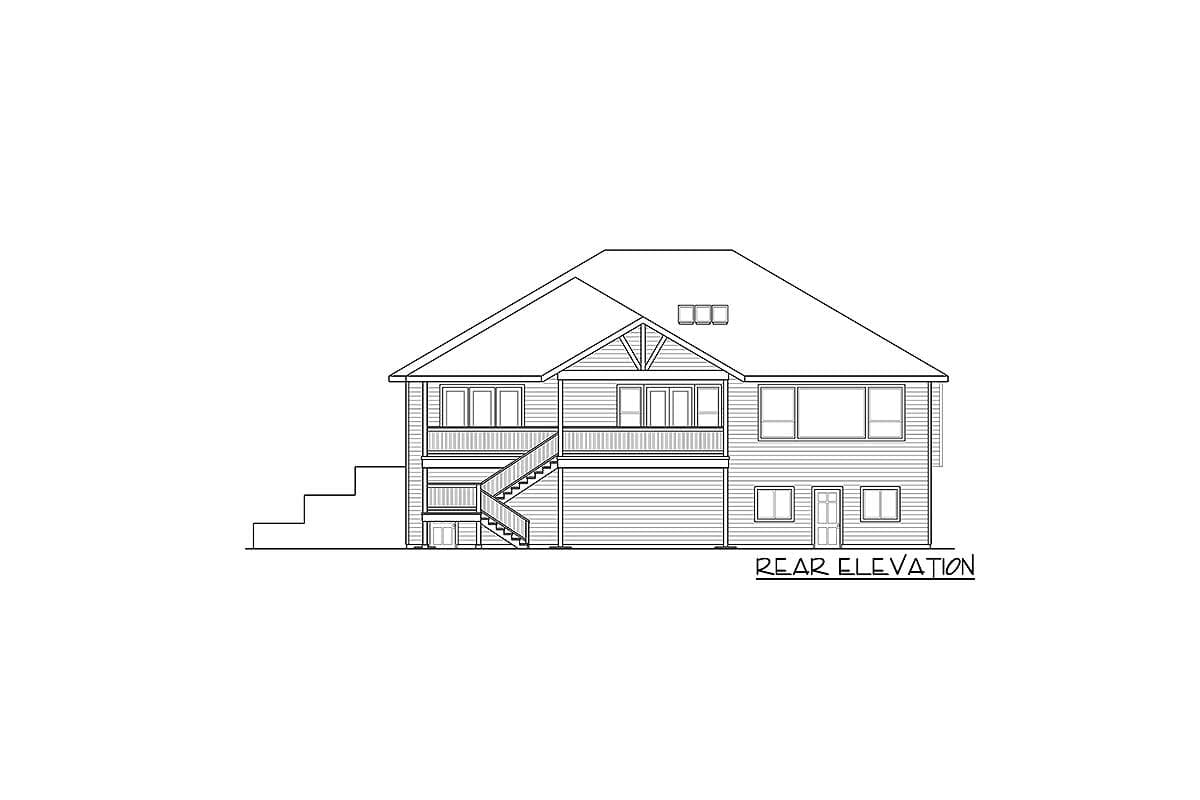 Rear elevation house plan showing a two-story structure with a gabled roof, dormer windows, a covered deck, and exterior stairs.