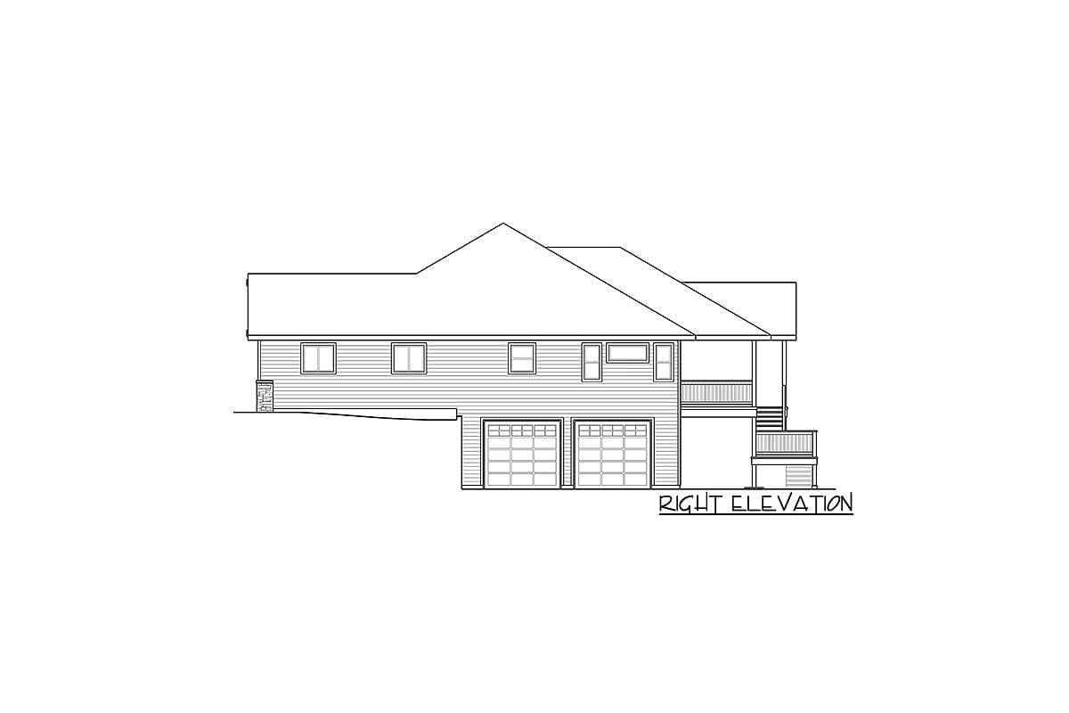 Right elevation of a two-story house plan with a side-facing garage doors, a covered porch, and a deck.