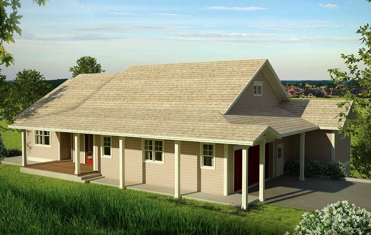 Ranch house plan exterior with covered porch, gable dormer, and attached garage.