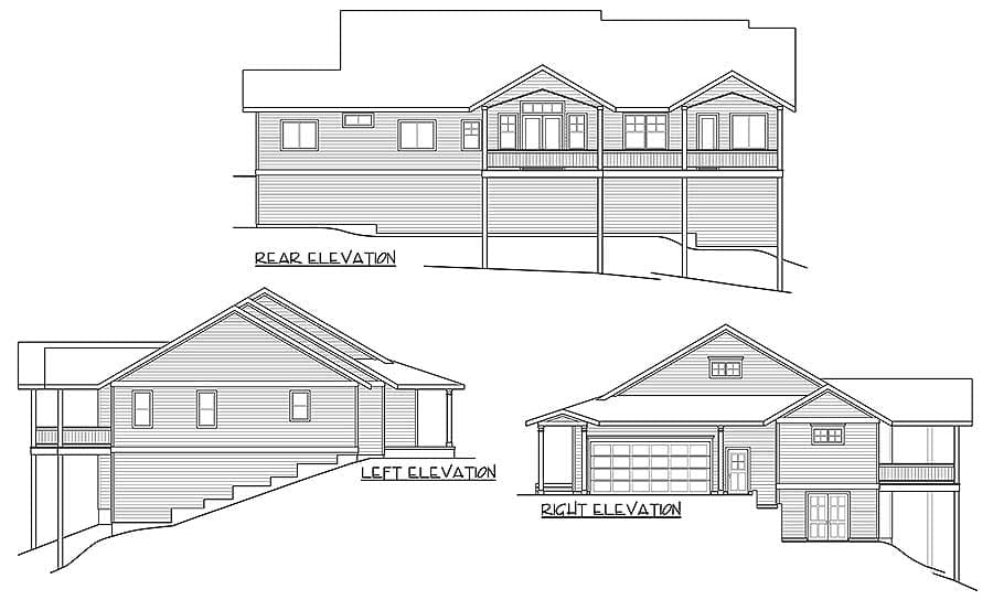 House plan elevations: front, right, and rear views showing a two-story home with a three-car garage, gables, dormers, and covered porches.