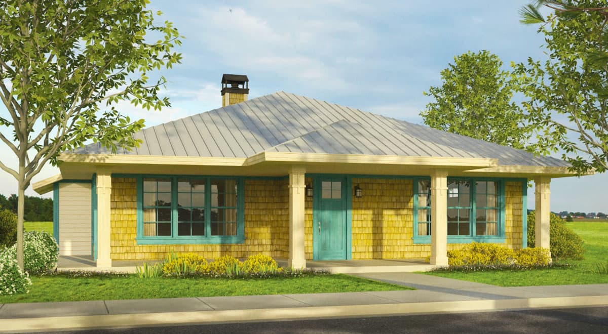 House plan exterior. One-story Cottage with shake siding, porch with columns, and a gable roof with a chimney.