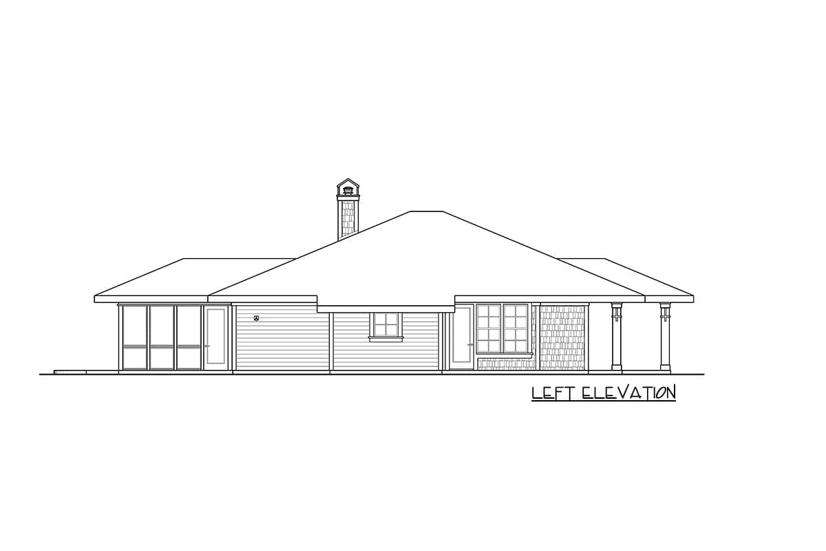 Left elevation drawing of a single-story house plan featuring a screened porch, gabled roof, and brick chimney.