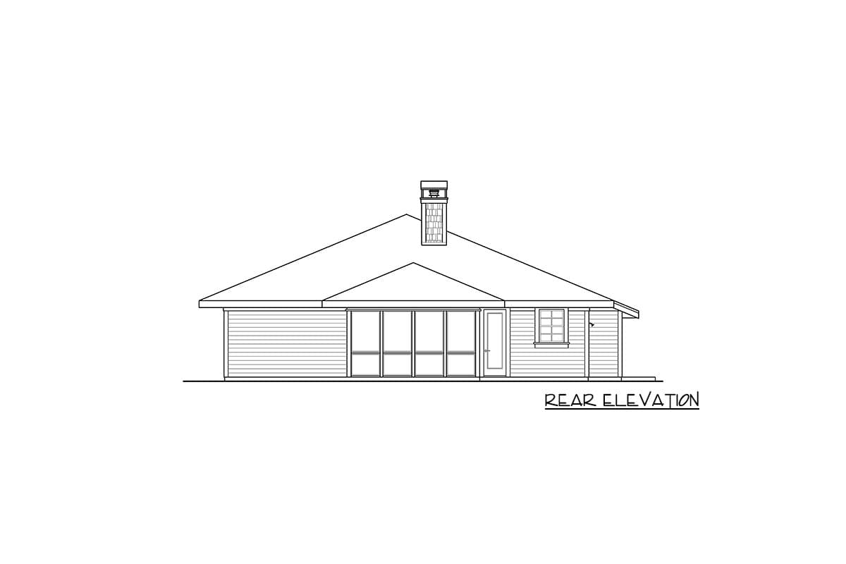 Rear elevation drawing of a single-story house with horizontal siding, a prominent central window bank, a door, and a brick chimney.