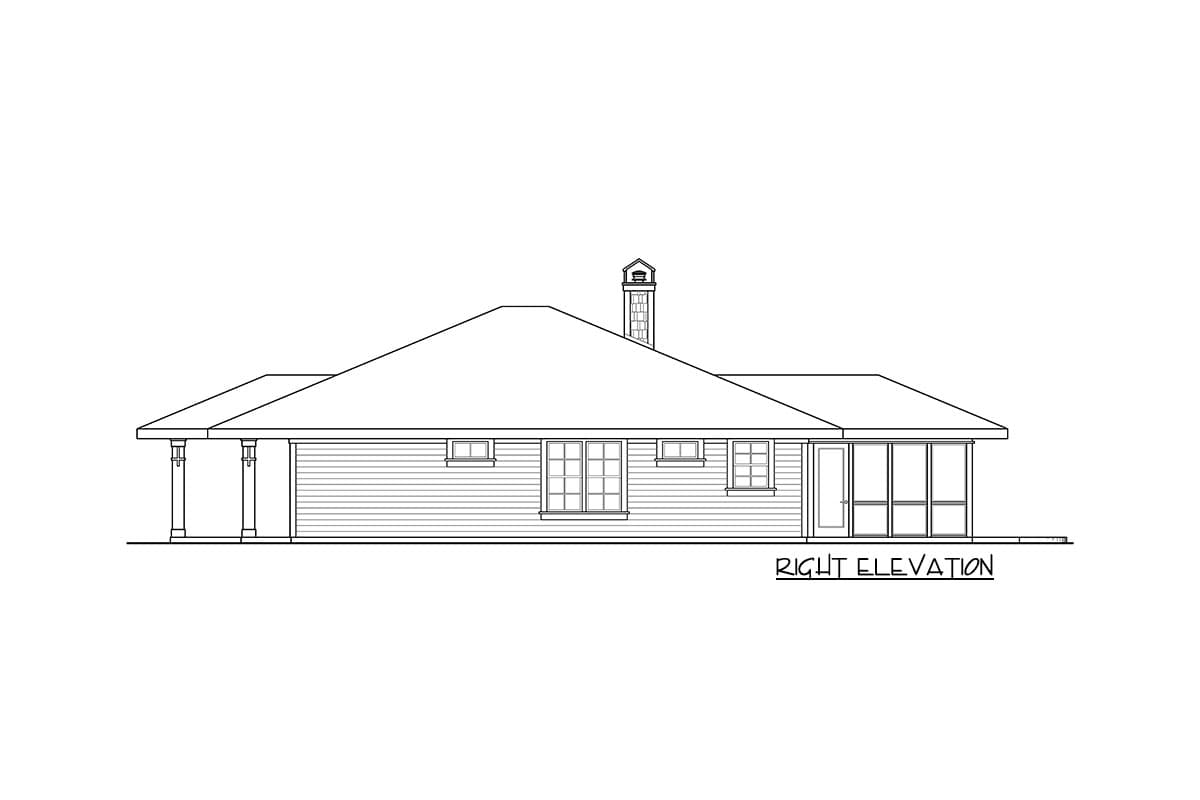 Right elevation drawing of a single-story house plan with a hip roof, porch columns, siding, and screened-in porch.