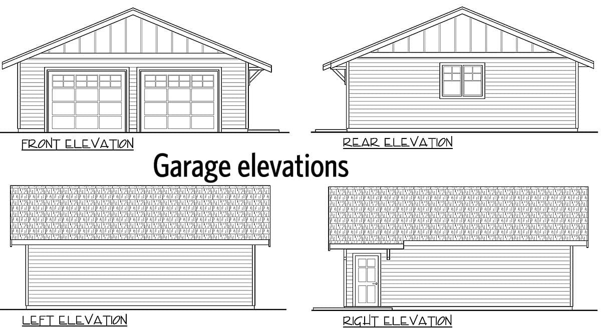 Garage elevations: front, rear, left, and right views showing two garage doors, one side door, and gable roof.
