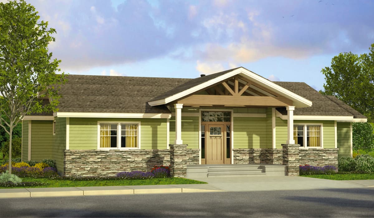 Craftsman style house plan exterior with a prominent gable, stone base, and wood-trimmed covered entry.