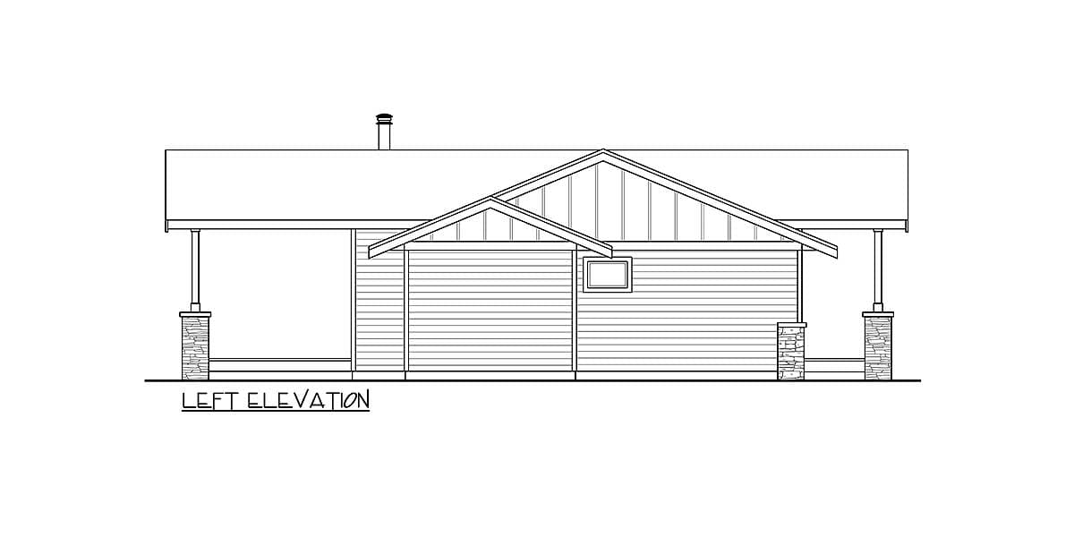 Left elevation drawing of a house plan with gabled roof, porch, and stone-clad support columns.