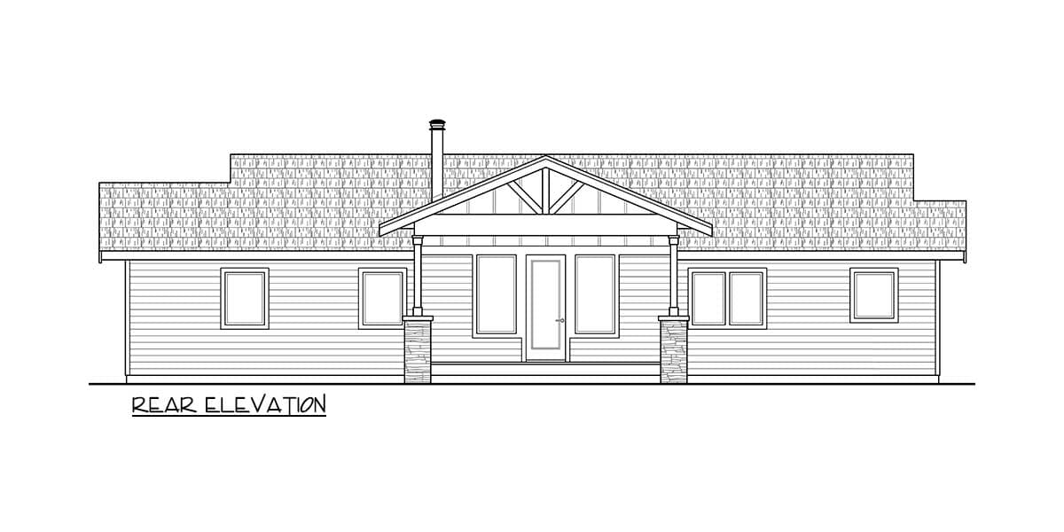 Rear elevation drawing of a single-story house plan with a gabled central entry porch and horizontal siding.