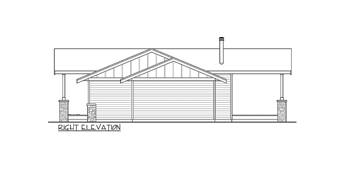 Right elevation drawing of a house plan featuring gabled rooflines, a covered porch supported by stone-clad columns, and horizontal siding.