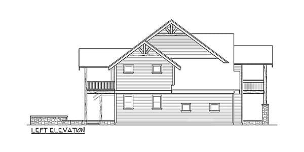 Left elevation drawing of a two-story house plan with gables, dormers, and a covered porch.