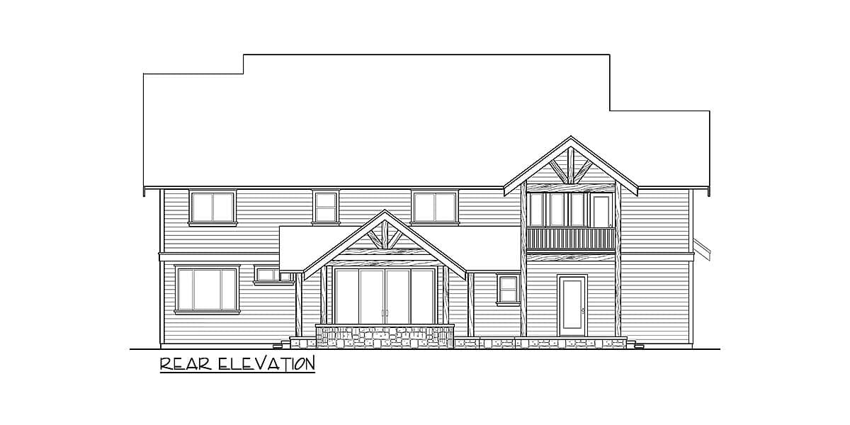 Rear elevation house plan showing a two-story home with gables, balcony, and stone-accented entrance.