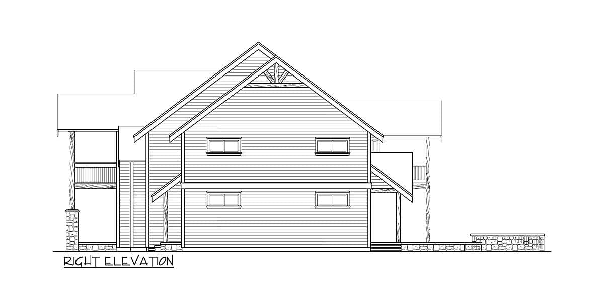 Right elevation of a two-story house plan with gabled roof, exposed rafter tails, and stone accents on the foundation.